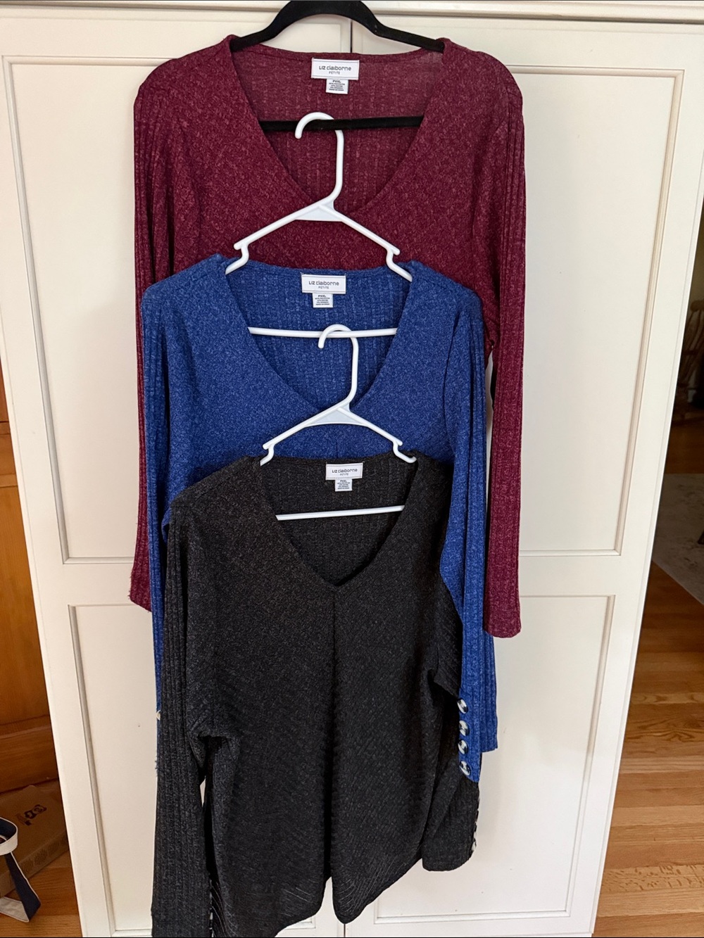 3 Liz Claiborne V-Neck Sweaters  in Burgundy, Blue & Black